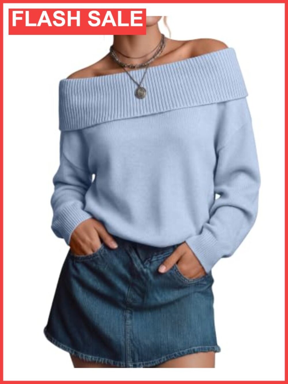 Womens Off the Shoulder Ribbed Fold Over Collar Sweater Pullover